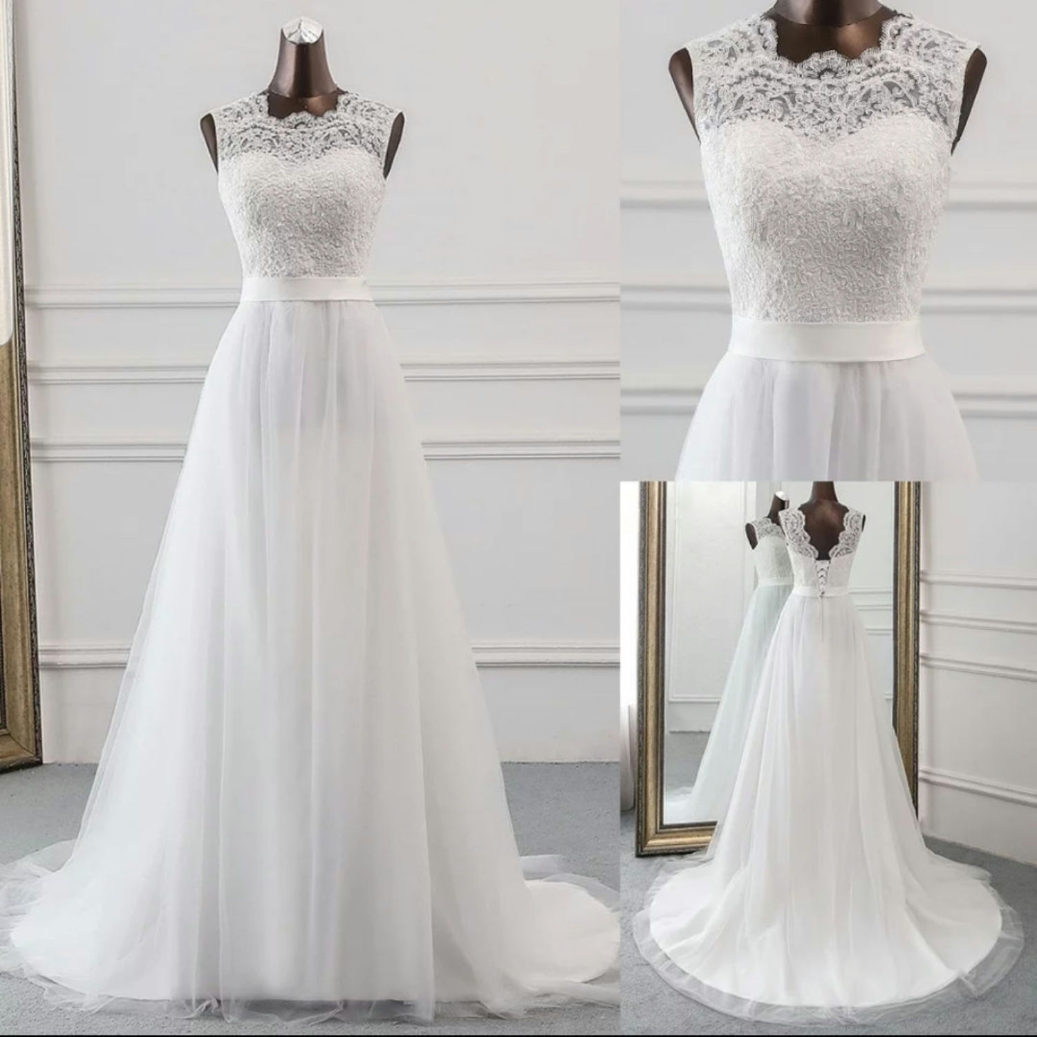 Plus size Sleeveless Lace Tule Beach Wedding Bridal Dress MD144