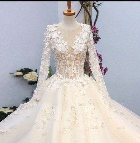 Thumbnail: Luxury Satin 3D Flowers Long Sleeve Beaded Wedding Bridal Dress MD164