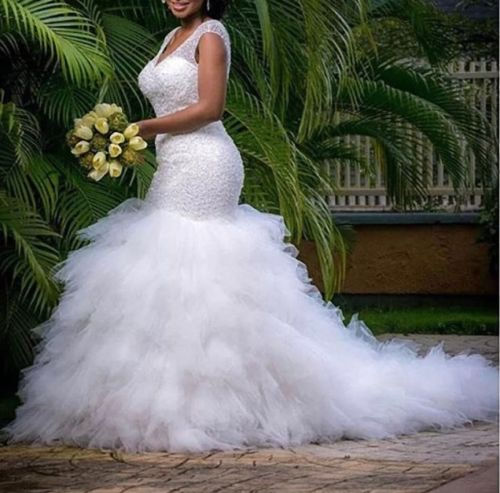 Thumbnail: Beautiful Sleeveless Mermaid Full Beaded Layered Wedding Bridal Dress MD038