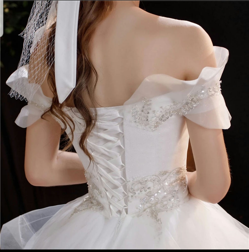 Thumbnail: Floor Length Lace Off Shoulder Ball Gown Ruffled Corset Back Wedding Dress MD742