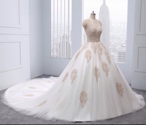 Thumbnail: Stunning Sleeveless Champagne Lace Beaded Wedding Bridal Dress MD206