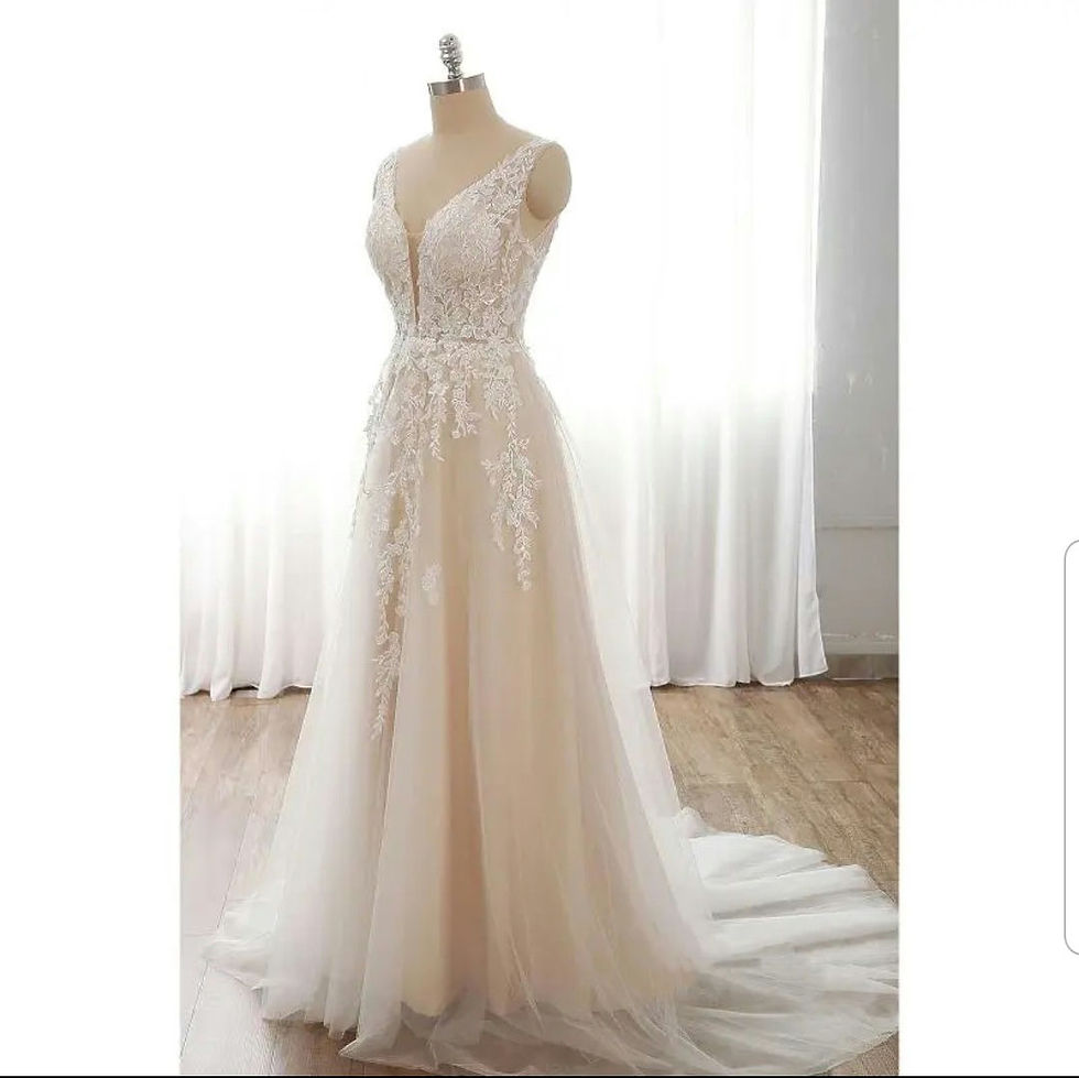 Thumbnail: Champagne Sleeveless Bridal Lace V Neck A Line Plus Size Wedding Dress MD824
