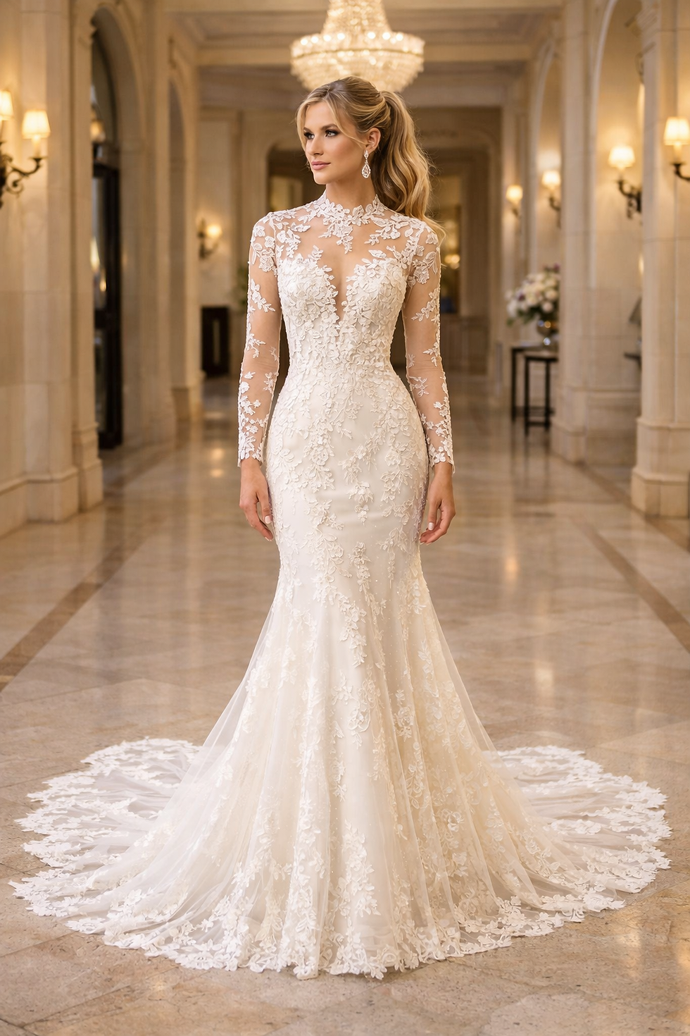 Thumbnail: UK Long Sleeve Sequins Lace Bridal Gown Beaded Mermaid Wedding Dresses MD620