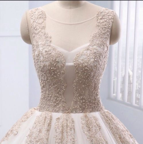 Thumbnail: Stunning Sleeveless Champagne Lace Beaded Wedding Bridal Dress MD206