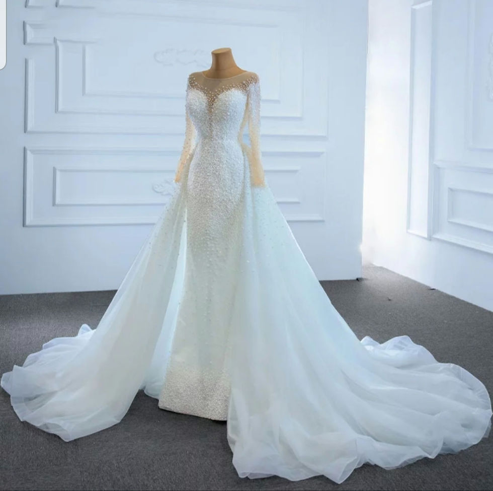 Thumbnail: Luxury Pearls Bridal Long Sleeve Detachable Train Wedding Dress MD347