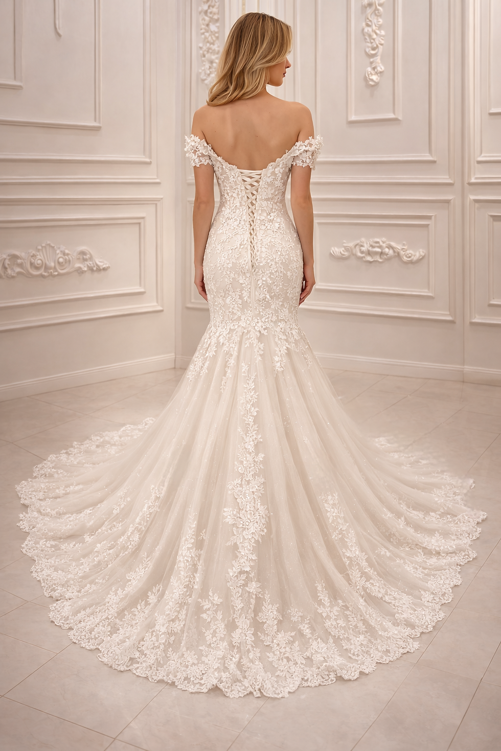Thumbnail: UK Glitter Sequins Lace Bridal Gown Off Shoulder Mermaid Wedding Dress MD262