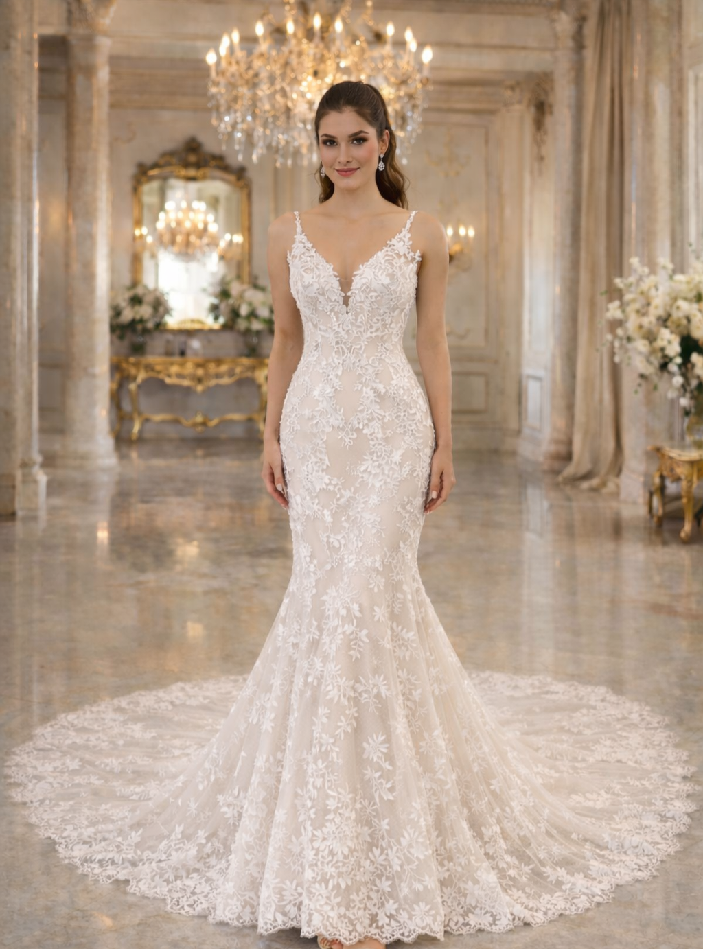 UK Champgne Sleeveless Bridal Gown Lace V Neck Mermaid Wedding Dresses MD680