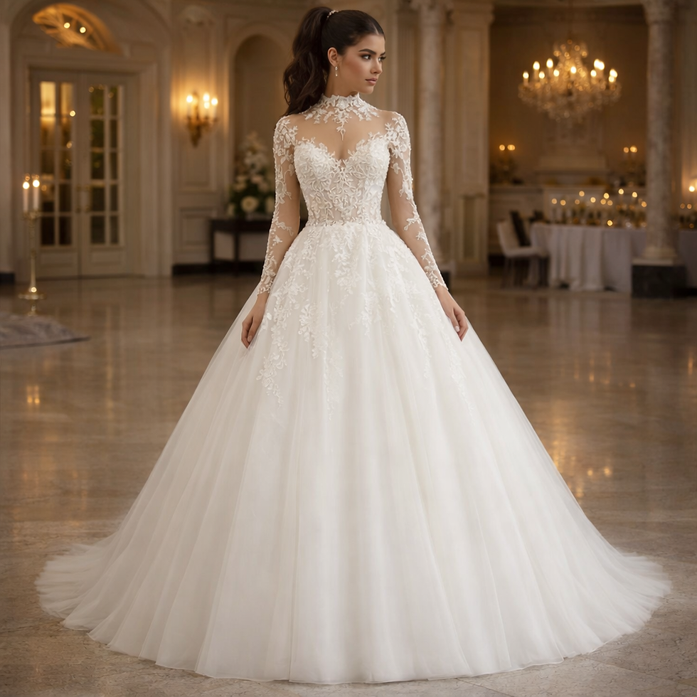 Thumbnail: UK High Neck Wedding Dresses Long Sleeves Beaded Lace A Line Bridal Gown MD861