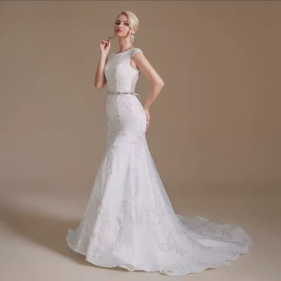 Thumbnail: Cap Sleeve Mermaid Bridal Gown Rhinestone Belt illusion Back Wedding Dress MD544
