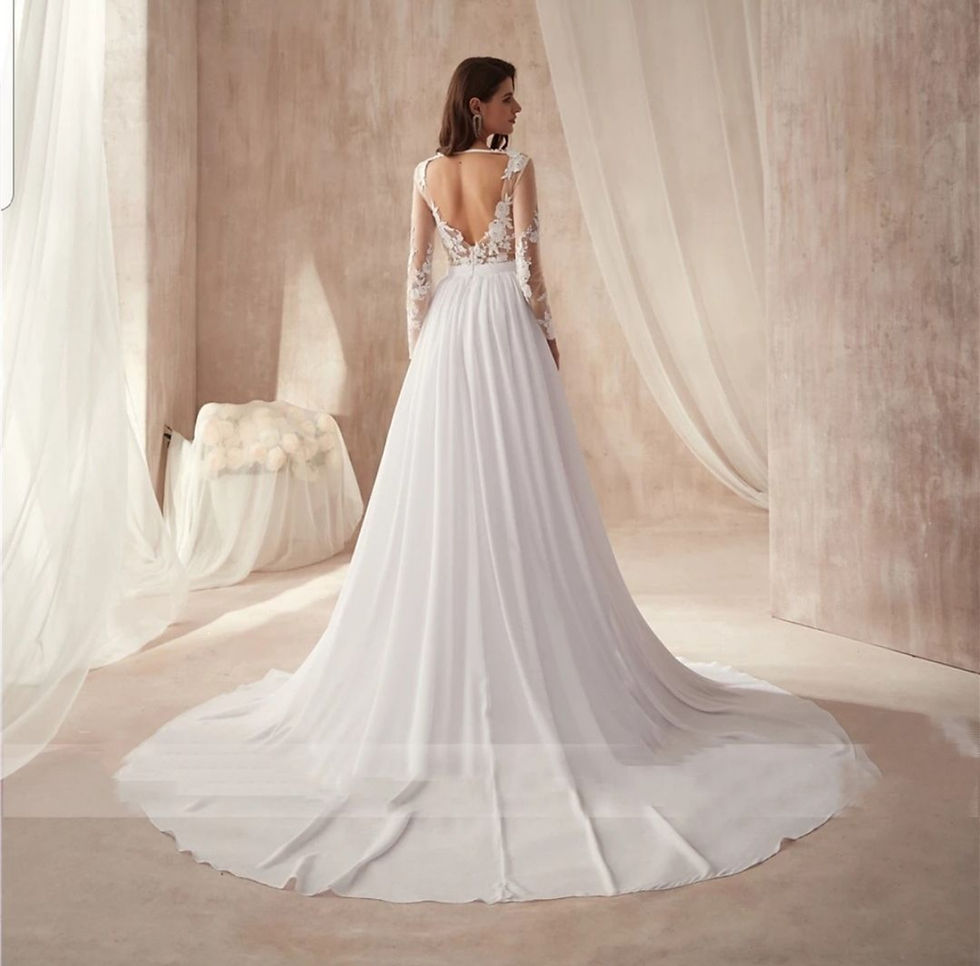 Thumbnail: Simple Long Sleeve Lace Chiffon V Neck Bridal Wedding Dresses MD490