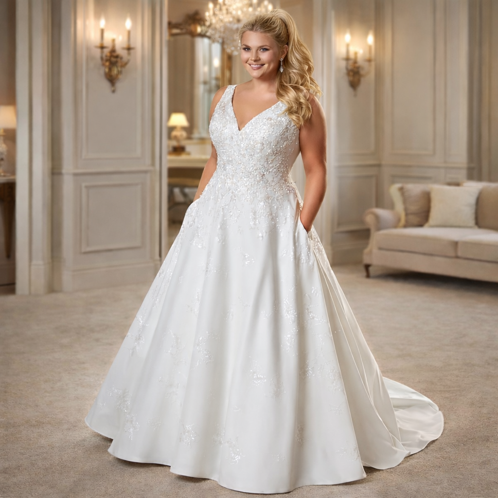 UK Satin Plus Size Bridal Gown V Neck A Line Sequins Lace Wedding Dress MD782