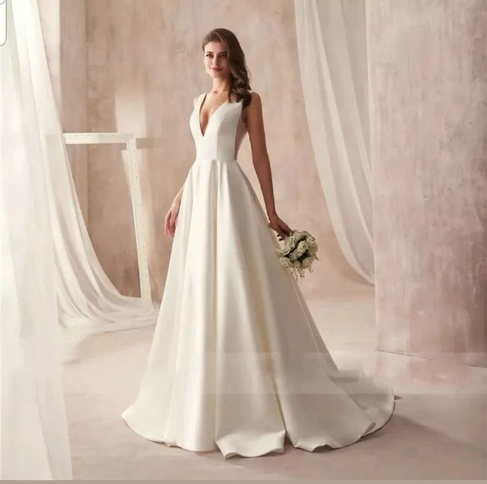 Thumbnail: Simple Bridal Satin V Neck A Line Open Back Wedding Dress MD527