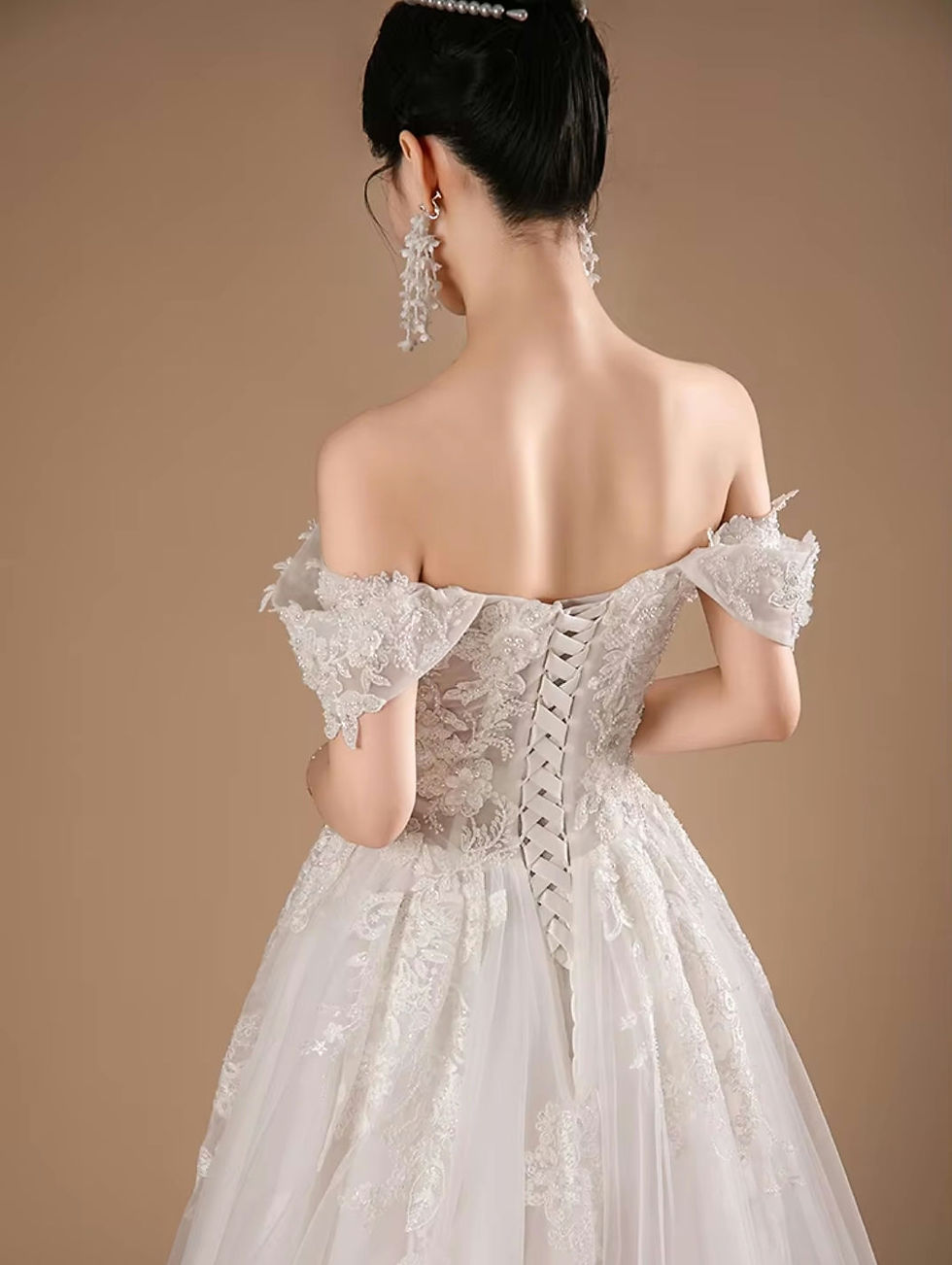 Thumbnail: UK Off Shoulder Bridal Gown A Line Pearl Lace Sweetheart Wedding Dresses MD704