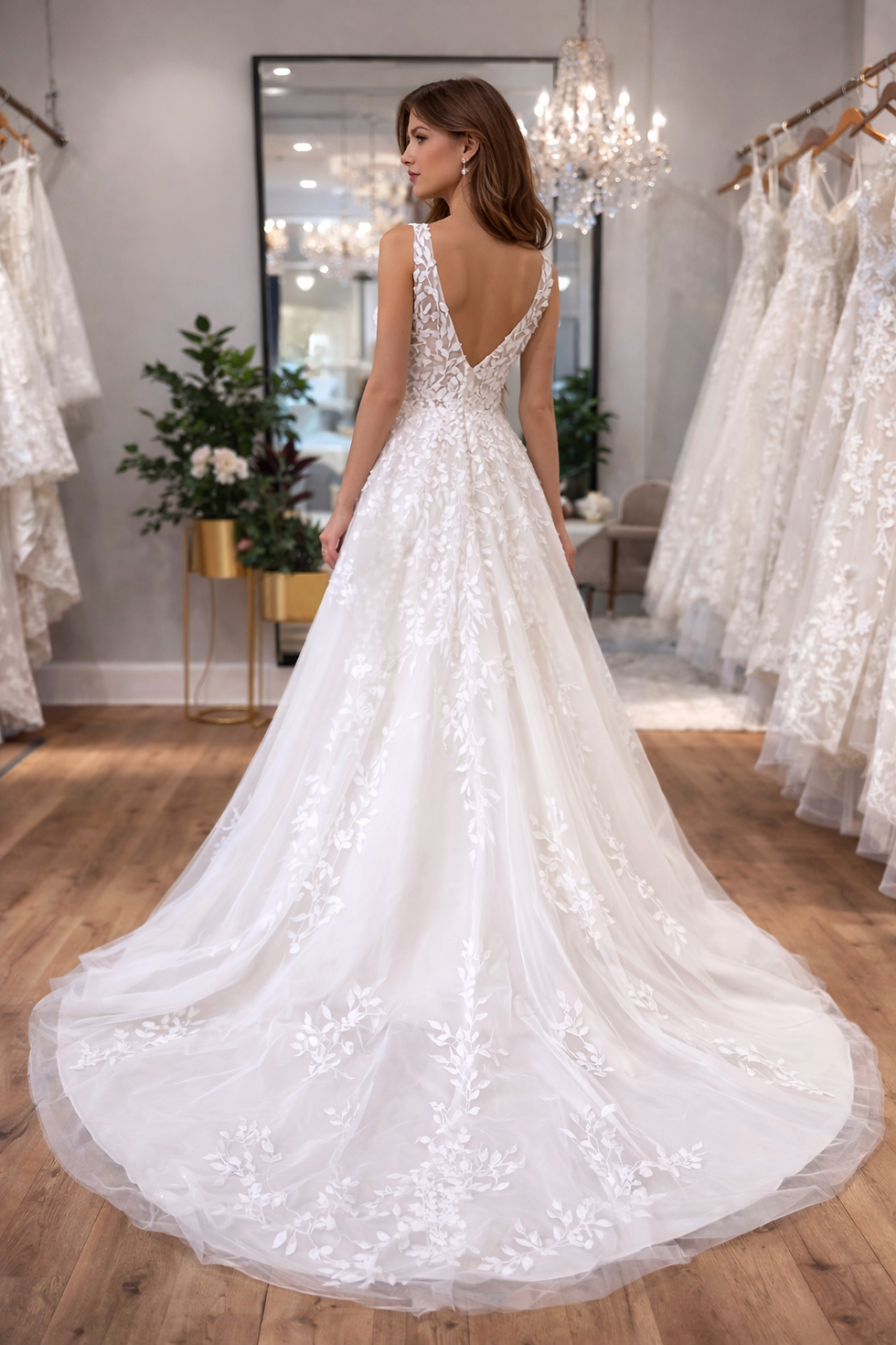Thumbnail: UK V Neck Bridal Gown Lace A Line Backless Sleeveless Wedding Dresses MD048