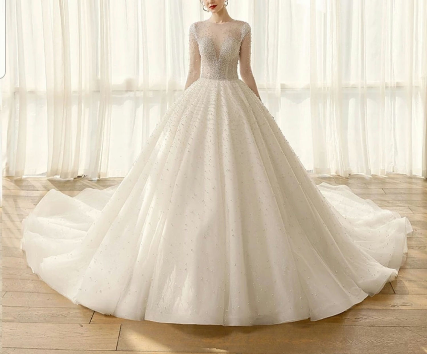 Luxury Beaded Sheer Neckline Long Sleeve Ball Gown Pearls Wedding Dress MD587