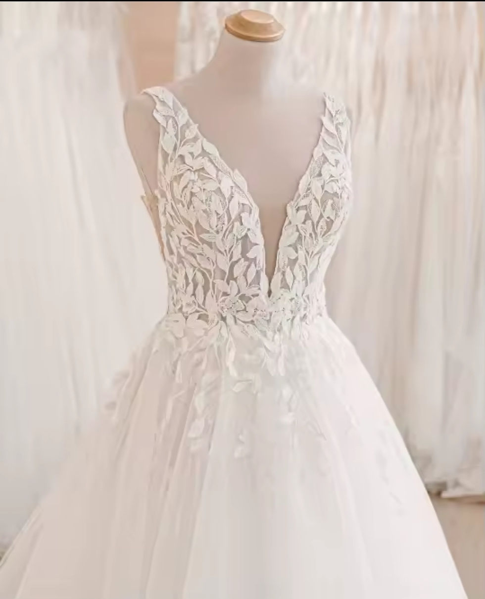Thumbnail: UK Sleeveless Bridal Gown Backless V Neck A Line Court Train Wedding Dress MD394