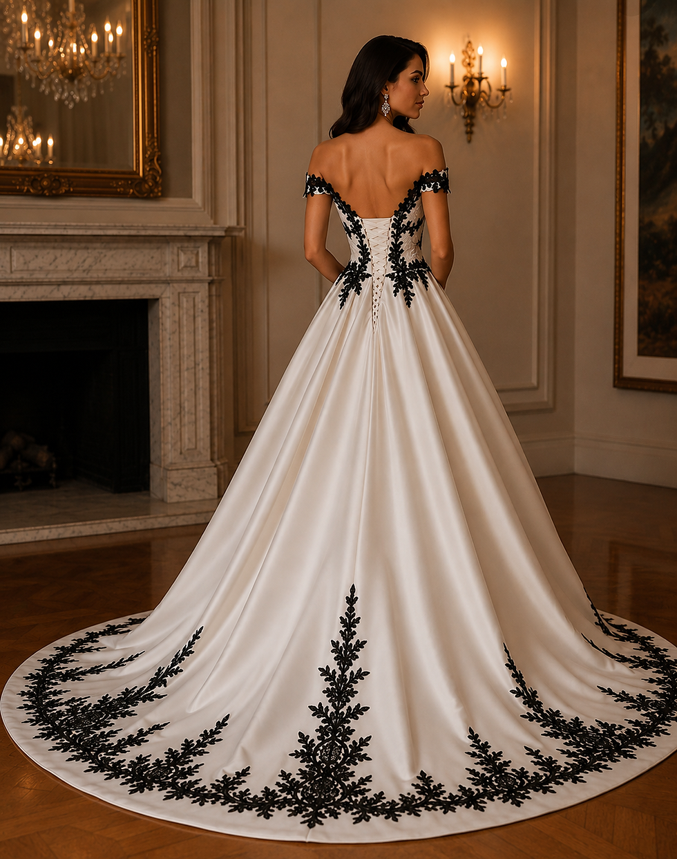 Thumbnail: UK Black Lace Wedding Dresses Sweetheart A Line Off Shoulder Bridal Gown MD874