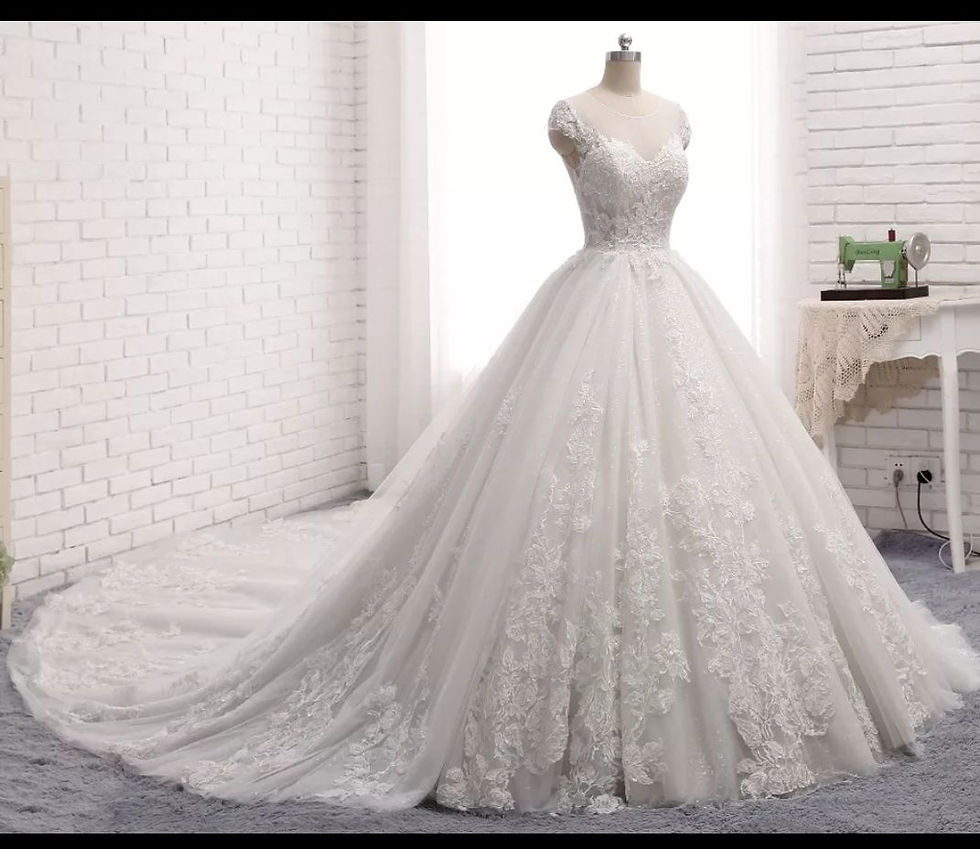 Thumbnail: Luxury Cap Sleeves Cathedral Train Lace Ball Gown Wedding Dresses MD302