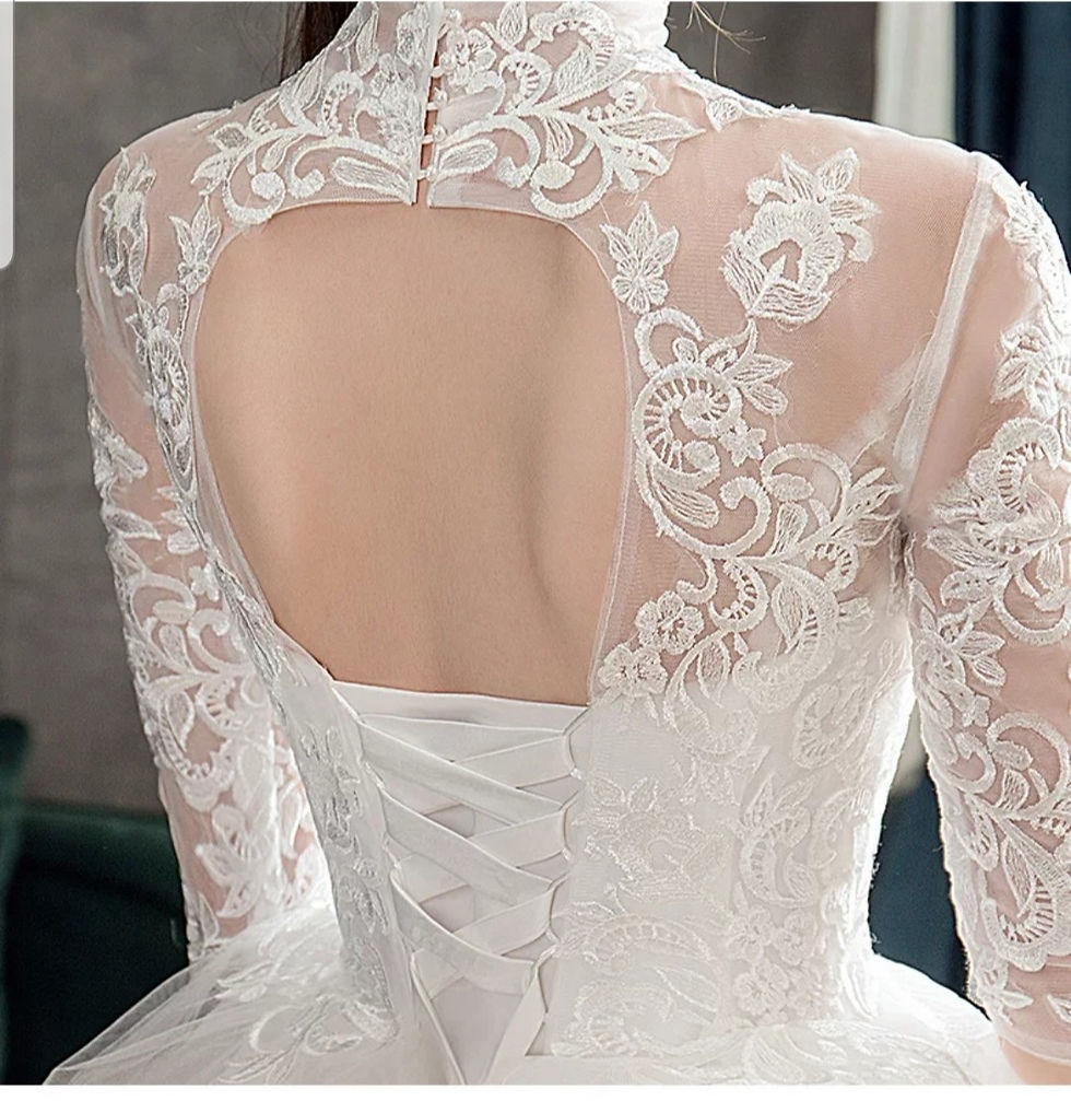 Thumbnail: Beautiful High Neck Lace Half Sleeves A Line Sequins Muslim Wedding Dress MD574
