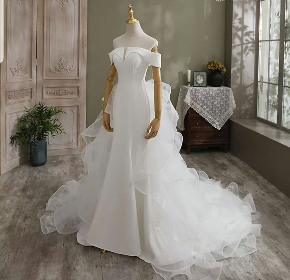 Thumbnail: Short Sleeve Off Shoulder Bridal Satin Detachable Train Wedding Dresses MD618