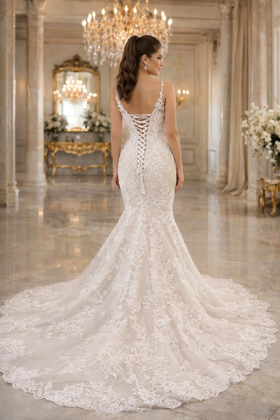 Thumbnail: UK Champgne Sleeveless Bridal Gown Lace V Neck Mermaid Wedding Dresses MD680