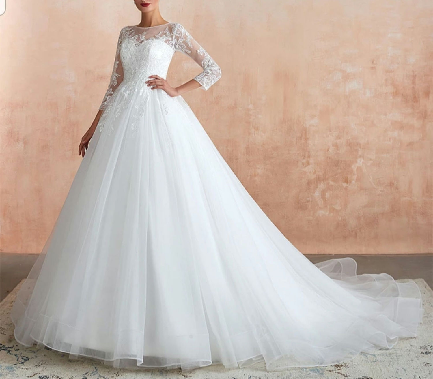 Chic Lace 3/4 Sleeve Bridal Gown A Line Sheer Back Plus Size Wedding Dress MD775