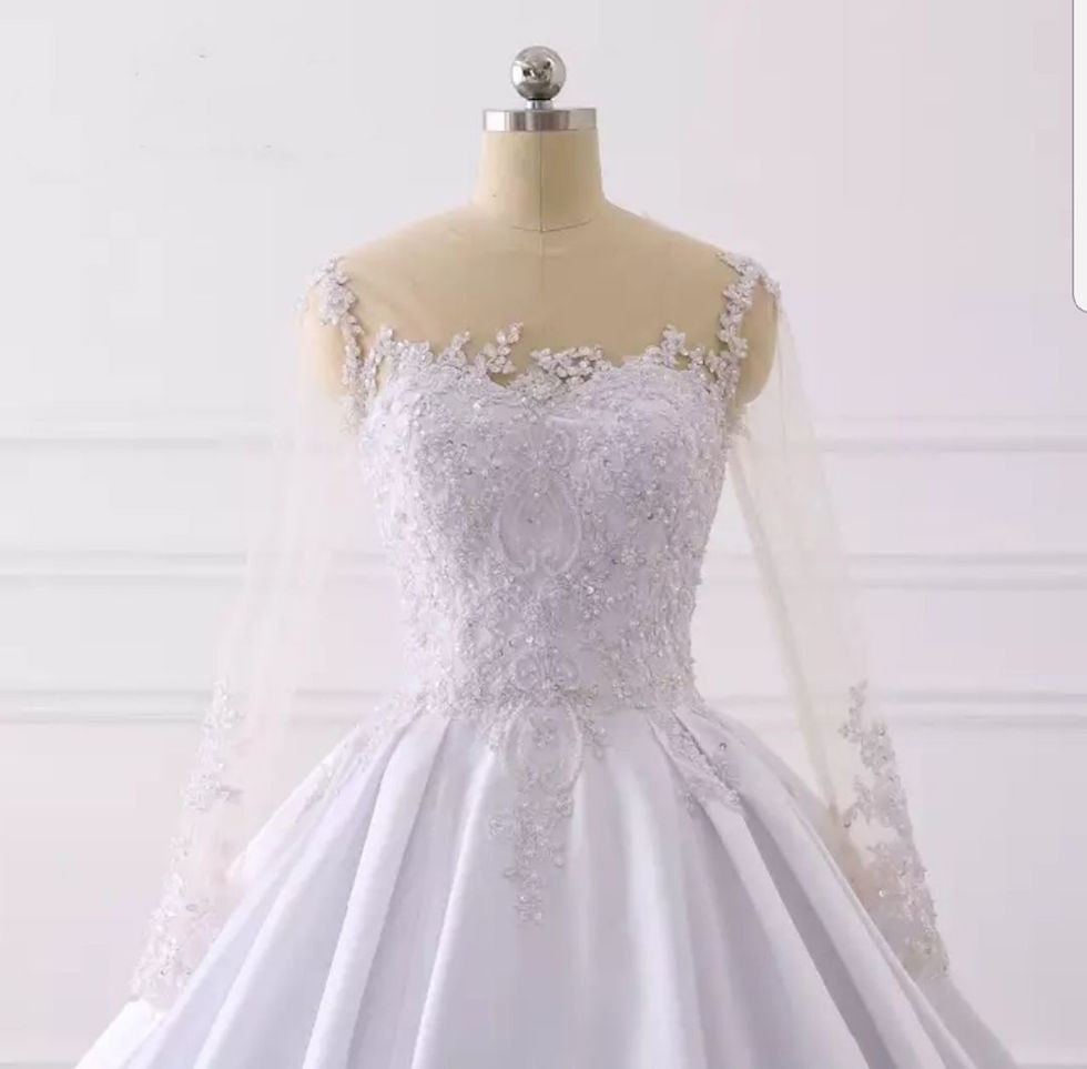 Thumbnail: Luxury Satin Long Sleeve Beaded Lace Applique A Line Satin Wedding Dress MD523