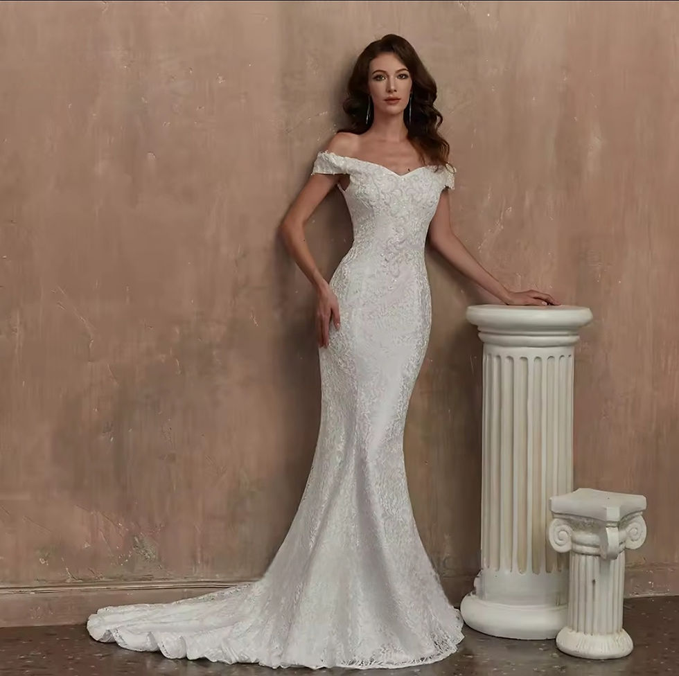 Thumbnail: Simple Mermaid Off Shoulder Short Sleeve Beaded Lace Wedding Dress MD849
