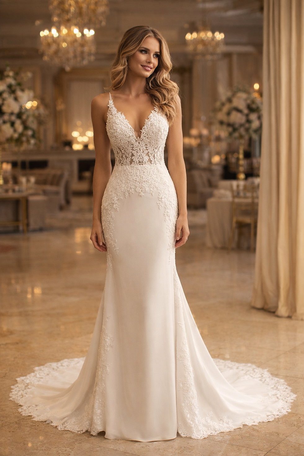 Thumbnail: UK Mermaid Wedding Dress Sleeveless Sequins Lace Satin V Neck Bridal Gown MD272