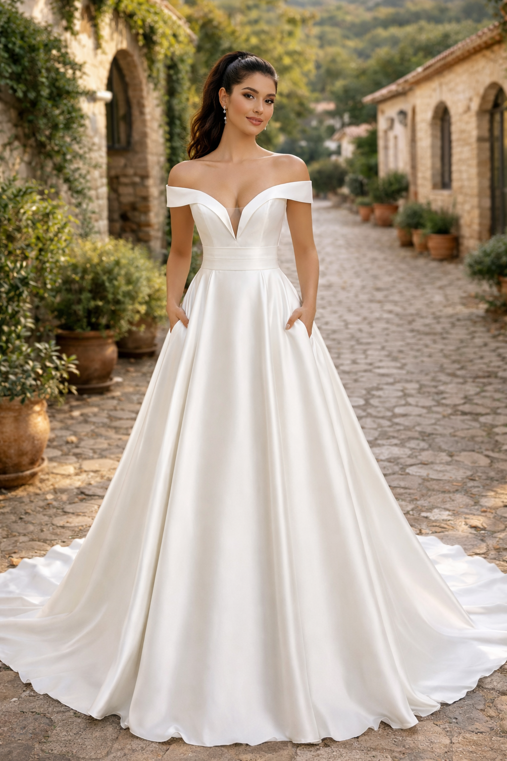 UK Sexy off shoulder Bridal Satin Gown Side Pockets A Line Wedding Dresses MD638