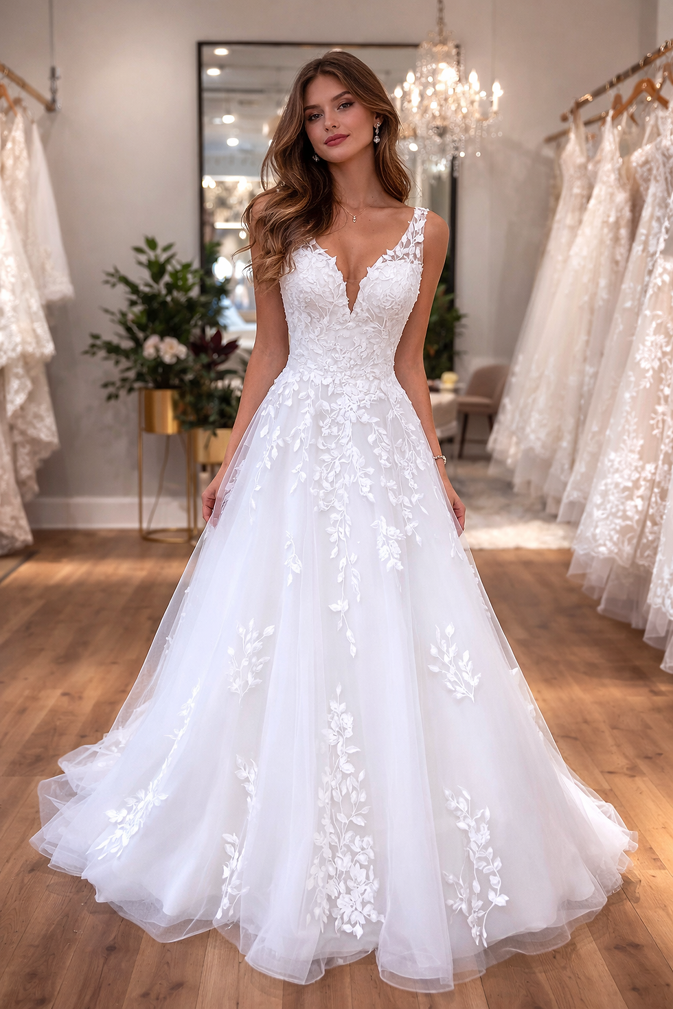 Thumbnail: UK V Neck Bridal Gown Lace A Line Backless Sleeveless Wedding Dresses MD048