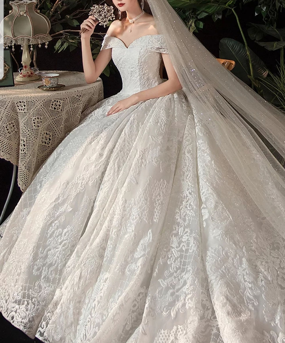 Thumbnail: Gorgeous Off Shoulder Lace Corset Back Sequins Bridal A Line Wedding Dress MD538