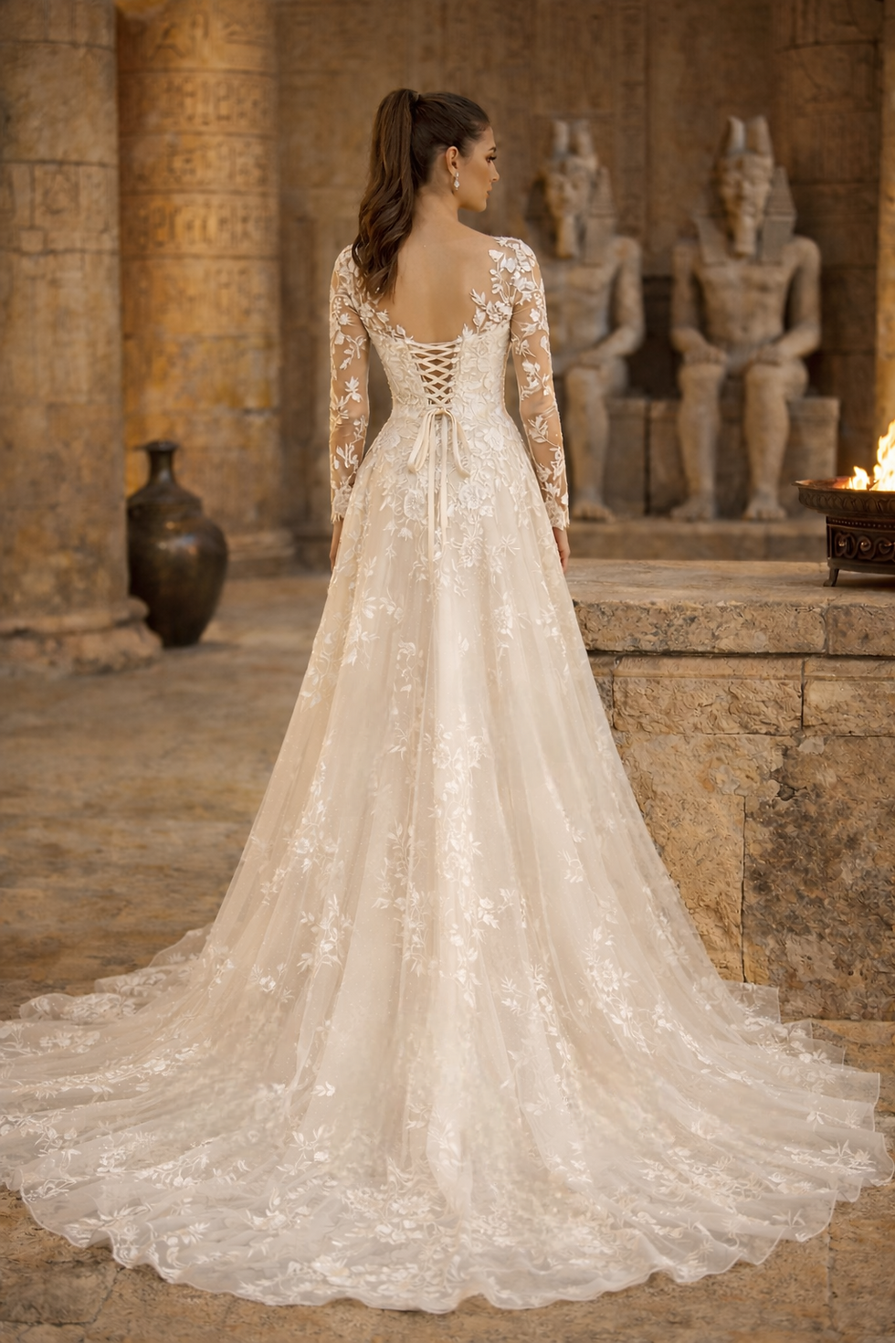 Thumbnail: UK A Line Sequins Lace Bridal Sweep Train Gown Long Sleeve Wedding Dresses MD786