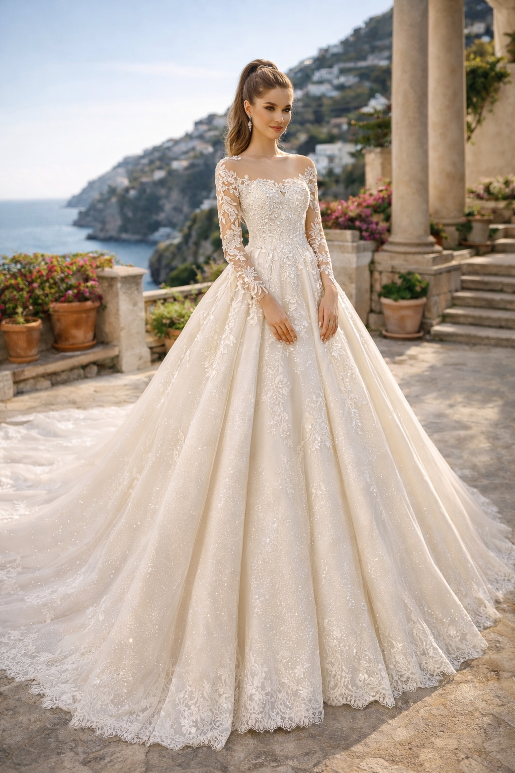 UK Luxury Ball Gown Beaded Lace Bridal Long Sleeve A Line Wedding Dresses MD683