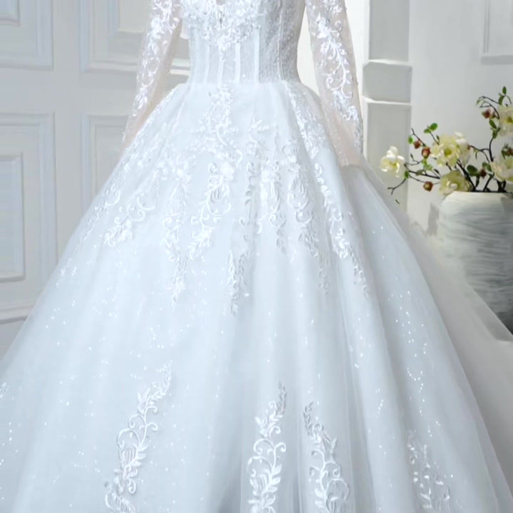 Thumbnail: UK A Line Sequins Wedding Dress Long Sleeve Lace Glitter Bridal Gown MD840