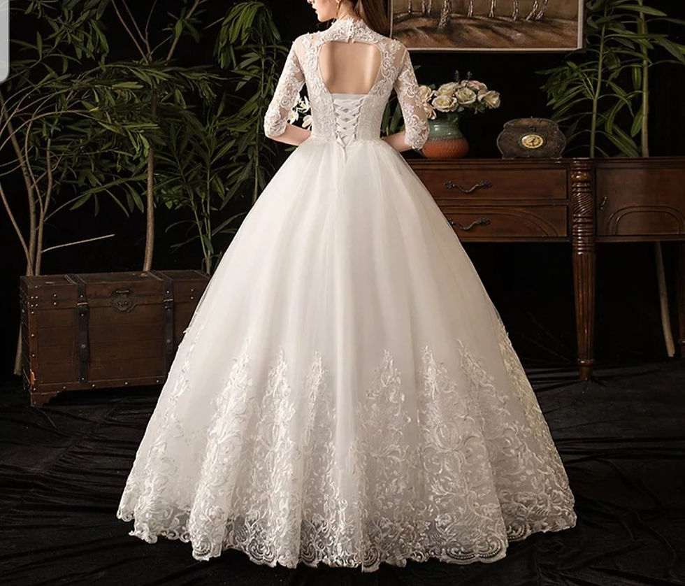 Thumbnail: Beautiful High Neck Lace Half Sleeves A Line Sequins Muslim Wedding Dress MD574