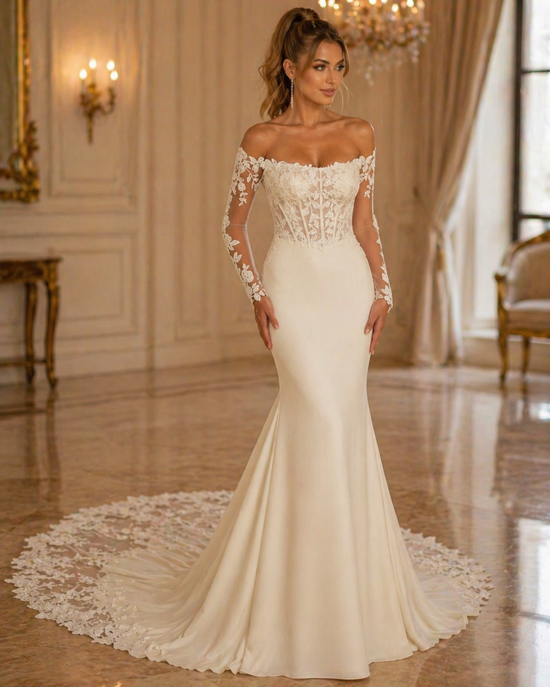 UK Mermaid Wedding Dress Sequins Lace Off Shoulder Bridal Gown Long Sleeve MD548