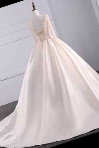 Thumbnail: Elegant Long Sleeve Champagne Beading Bodice Ball Gown Wedding Dress MD241