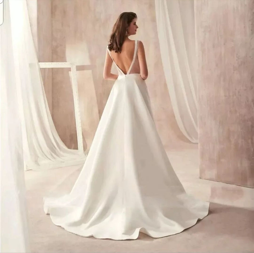 Thumbnail: Simple Bridal Satin V Neck A Line Open Back Wedding Dress MD527