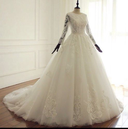 Thumbnail: Beautiful Long Sleeve Beaded Lace Ball Gown Wedding Dress MD245