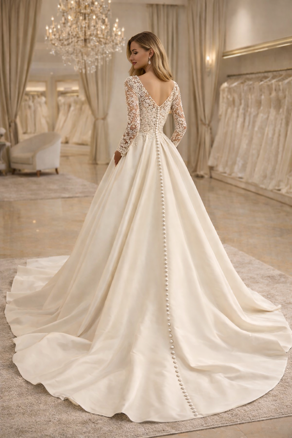 Thumbnail: UK Modest A Line Satin Bridal Gown Beaded Lace Long Sleeve Wedding Dresses MD668