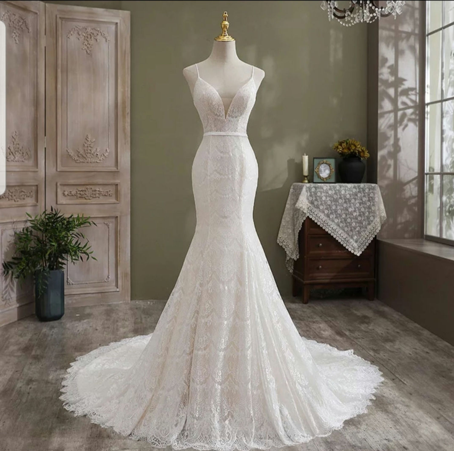 Sexy Spaghetti Straps Lace Mermaid Bridal Gown Beach Wedding Dresses MD318