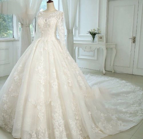 Thumbnail: Princess Long Sleeve Lace Flower Ball Gown Wedding Dress MD243