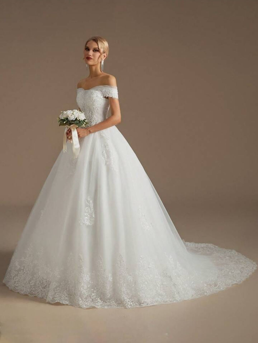 Beautiful Short Sleeve Beaded Lace Off shoulder A Line Wedding Dresses MD600