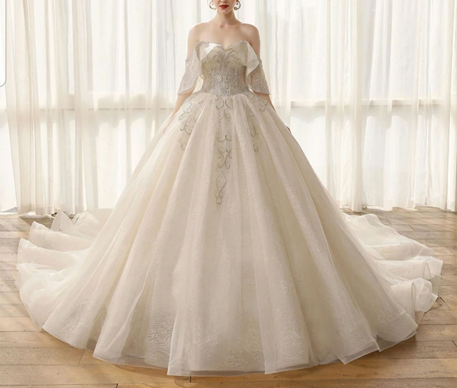 Luxury Off Shoulder Puff Sleeve Sequins A Line Pearls Lace Wedding Dresses MD434