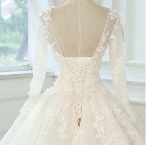 Thumbnail: Princess Long Sleeve Lace Flower Ball Gown Wedding Dress MD243