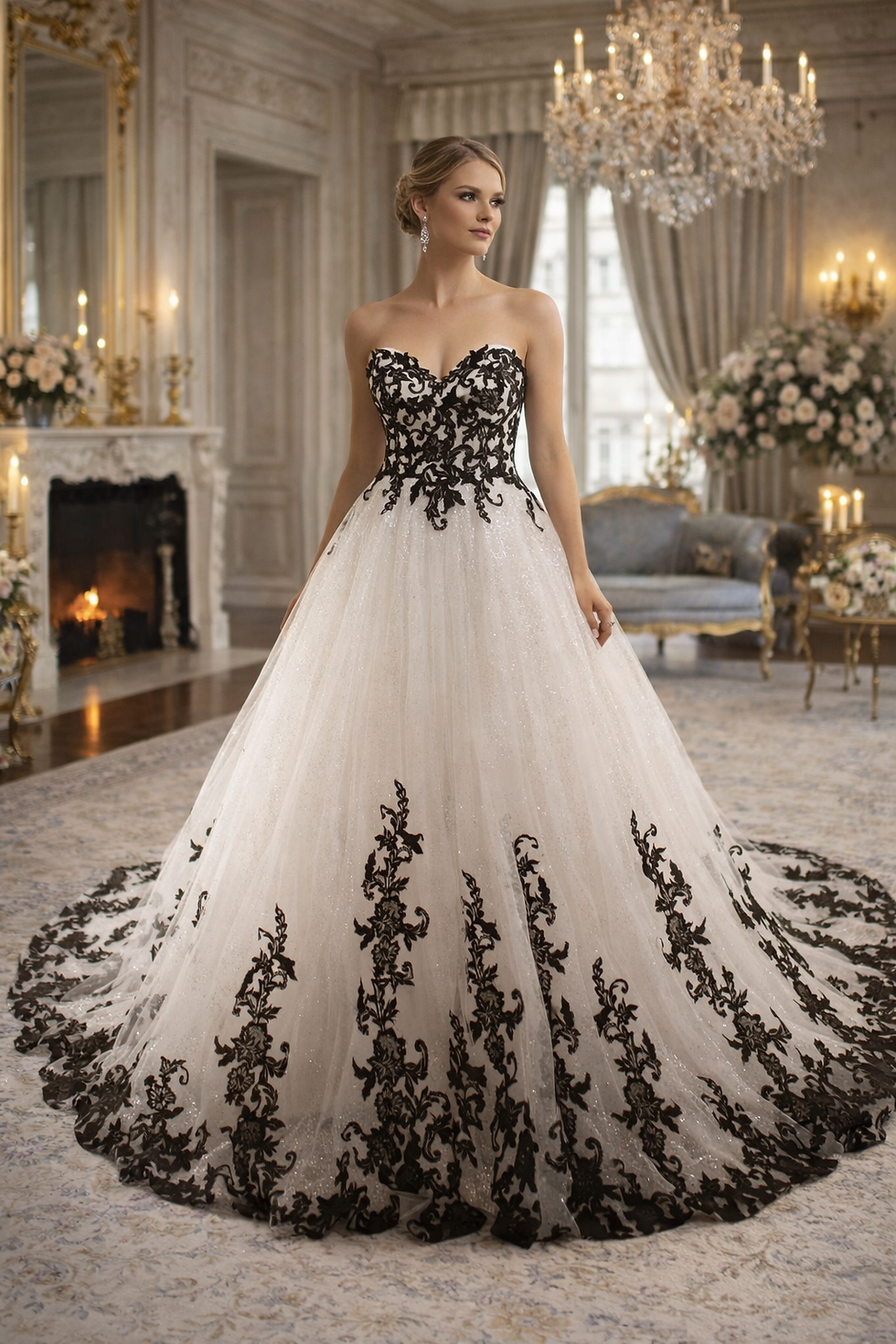 Thumbnail: UK Strapless Black Lace Wedding Dresses A-line Sequins Tulle Bridal Gown MD271