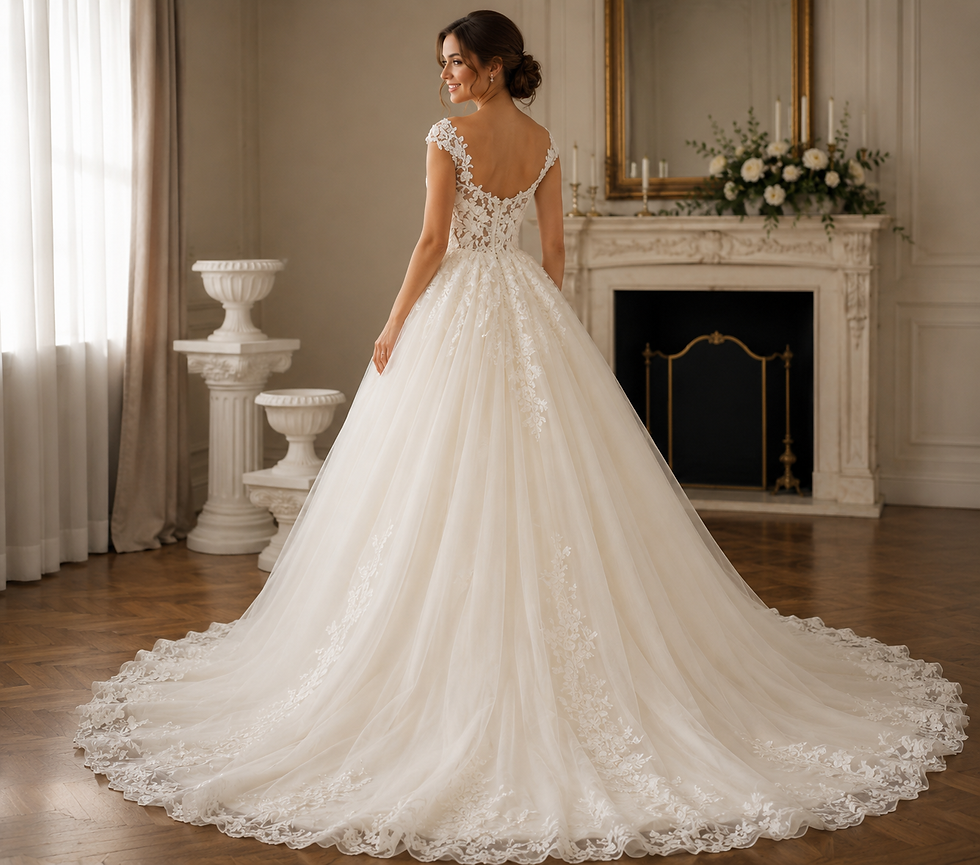 Thumbnail: Ivory Lace Ball Gown Wedding Dress Glitter Cap Sleeve A Line Bridal Gown  MD871
