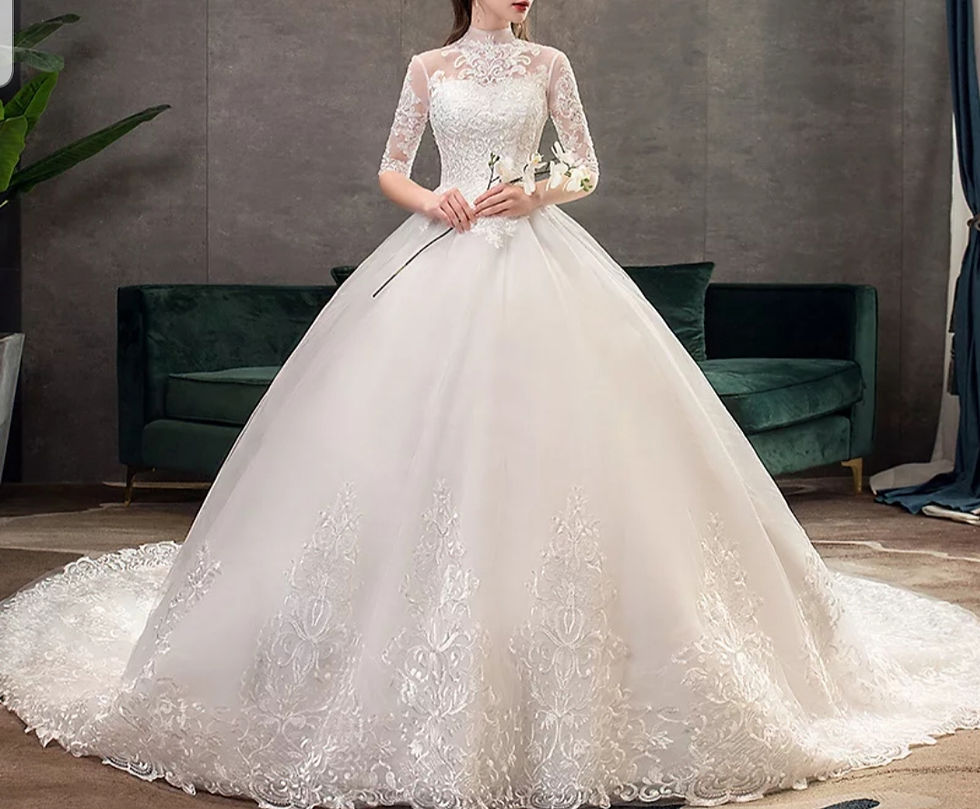 Thumbnail: Beautiful High Neck Lace Half Sleeves A Line Sequins Muslim Wedding Dress MD574