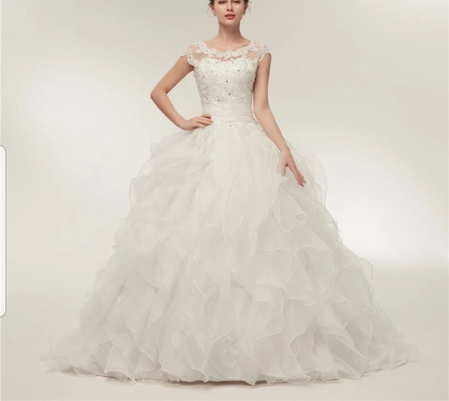 Charming Cap Sleeve Organza Ruffled A Line Wedding Bridal Dress MD070